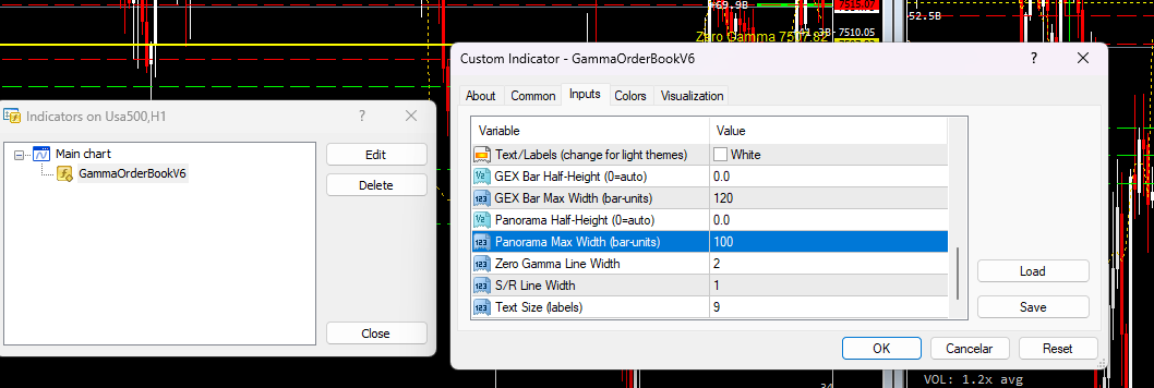 GammaOrderBook MetaTrader – Indicator Settings Width Adjustment