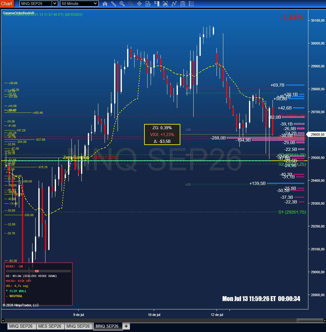 GammaOrderBook V6 – Index Only Mode showing institutional gamma positioning on NinjaTrader